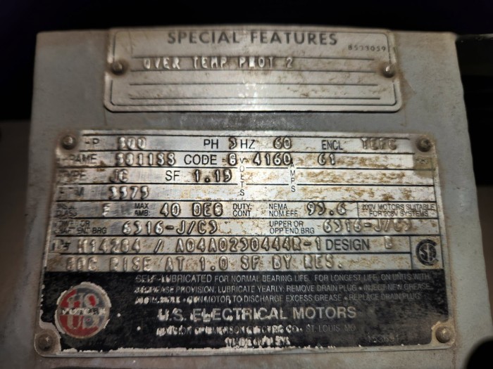 500 HP 3575 RPM U.S. Motors, Frame 5811SS, TEFCBB, 1.15 service factor, 4160 Volts (2 available) - Image 1