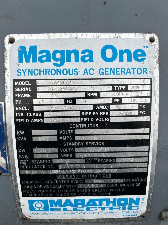800 KW, 1800 RPM, Marathon #682FDR8168AAW, generator end, 2400/4160 Volts, 3-phase - Image 2