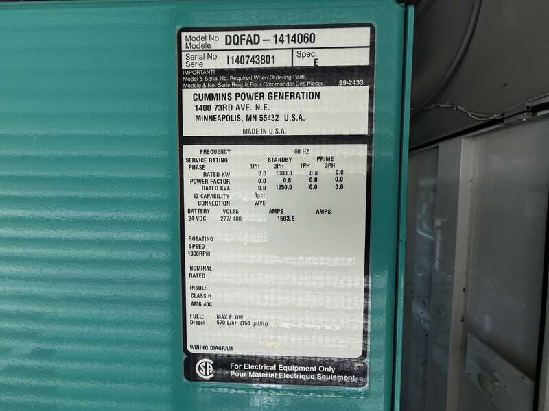 1000 KW Cummins #DQFAD, diesel generator set, 277/480 Volts, 279 hours, 1490 HP @ 1800 RPM, QST30-G5 NR2 - Image 10