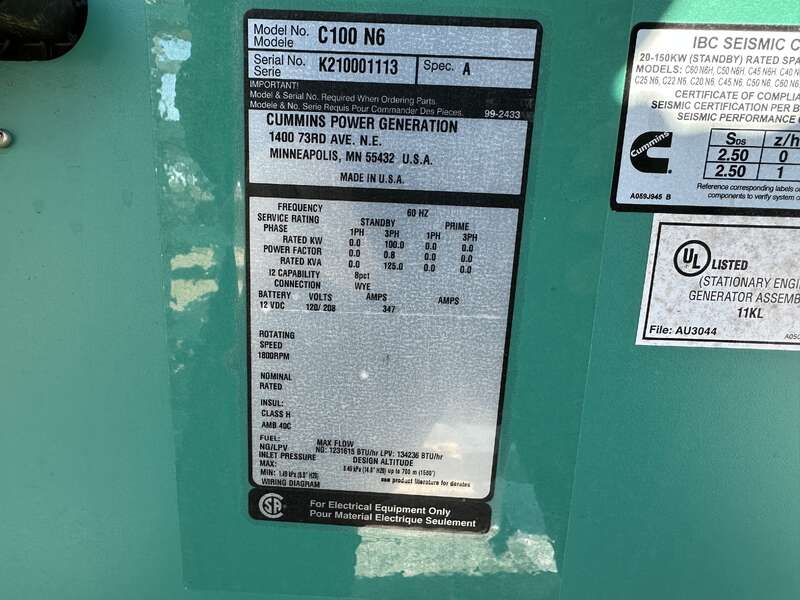 100 KW Cummins #C100N6, Natural gas / propane generator set, 120/208 Volts, 162 HP @ 1800 RPM, QSJ5.9G-G3 - Image 8