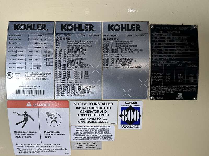 750 KW Kohler #750REZK, Natural gas generator set, 277/480 Volts, 976 hours, 1059 HP @ 1800 RPM, Siemens - Image 10