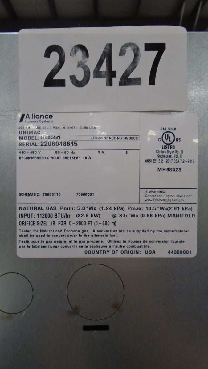 55 lb. Unimac #UT055N, NG Dryer, reversing cylinder, 480 V., 2022 - Image 9