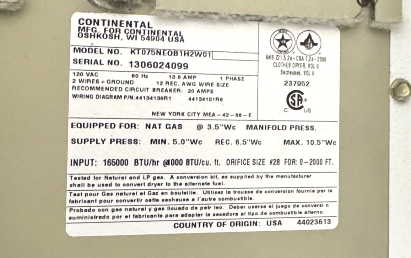 75 Lb. Continental Girbau #KT075N, Gas Dryer, 165k BTUH, 2013 (2 available) - Image 9