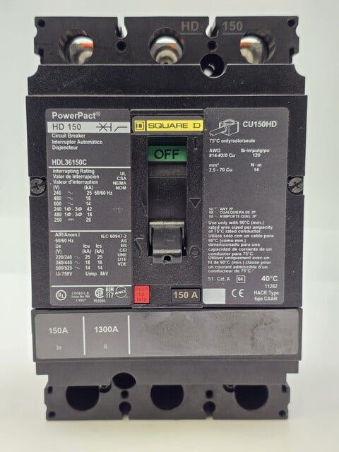150 Amp, Square D #HDL36150C, Bolt On Circuit Breaker, 3P, 600 VAC, AS IS - Image 2