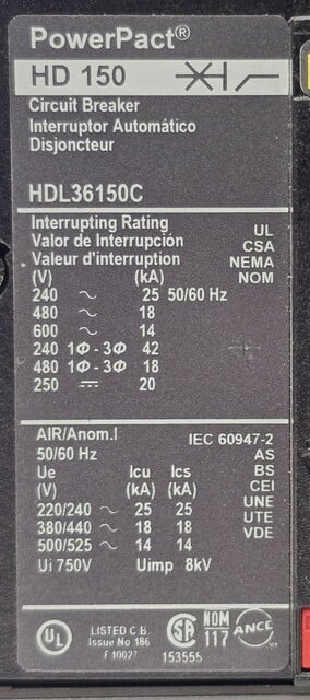 150 Amp, Square D #HDL36150C, Bolt On Circuit Breaker, 3P, 600 VAC, AS IS - Image 4