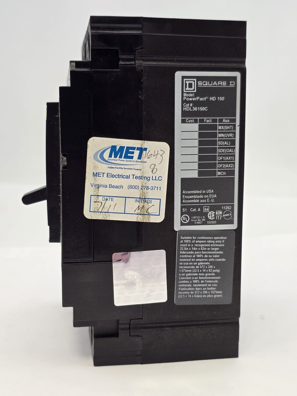 150 Amp, Square D #HDL36150C, Bolt On Circuit Breaker, 3P, 600 VAC, AS IS - Image 7