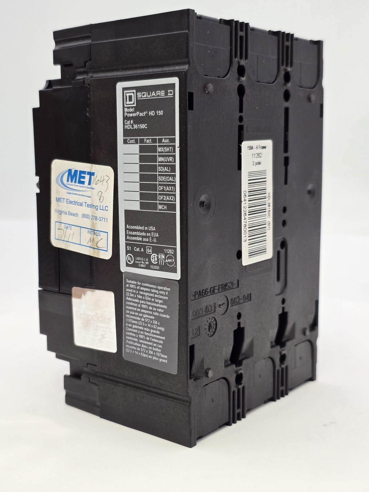 150 Amp, Square D #HDL36150C, Bolt On Circuit Breaker, 3P, 600 VAC, AS IS - Image 8