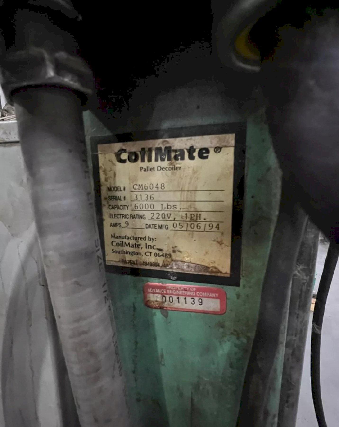 6000 lb. Coilmate #CM6048, pallet decoiler, 48" table diameter, 27 RPM, 37" stack height, dancer arm, 1995 - Image 3