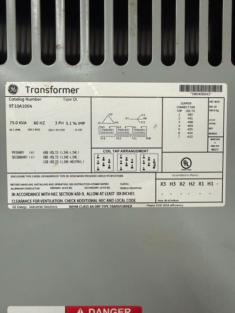 75 KVA 480 Primary, 208Y/120 Secondary, General Electric, 9T10A1004, transformer, 3-phase - Image 2