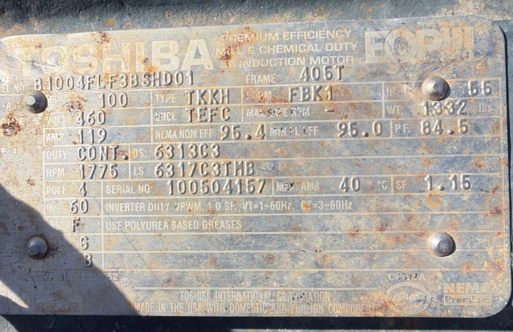 100 HP 1775 RPM Toshiba, Frame 405T, TEFC, 460 Volts, roller, 1.15 service factor, offered electrically OK or - Image 1