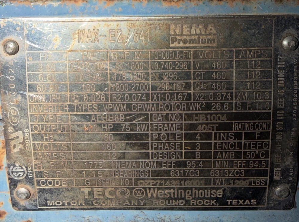 100 HP 88/2700 RPM Teco Westinghouse, Frame 405T, TEFC, 3-90Hz, Ball, offered electrically OK or rblt. w/ - Image 1