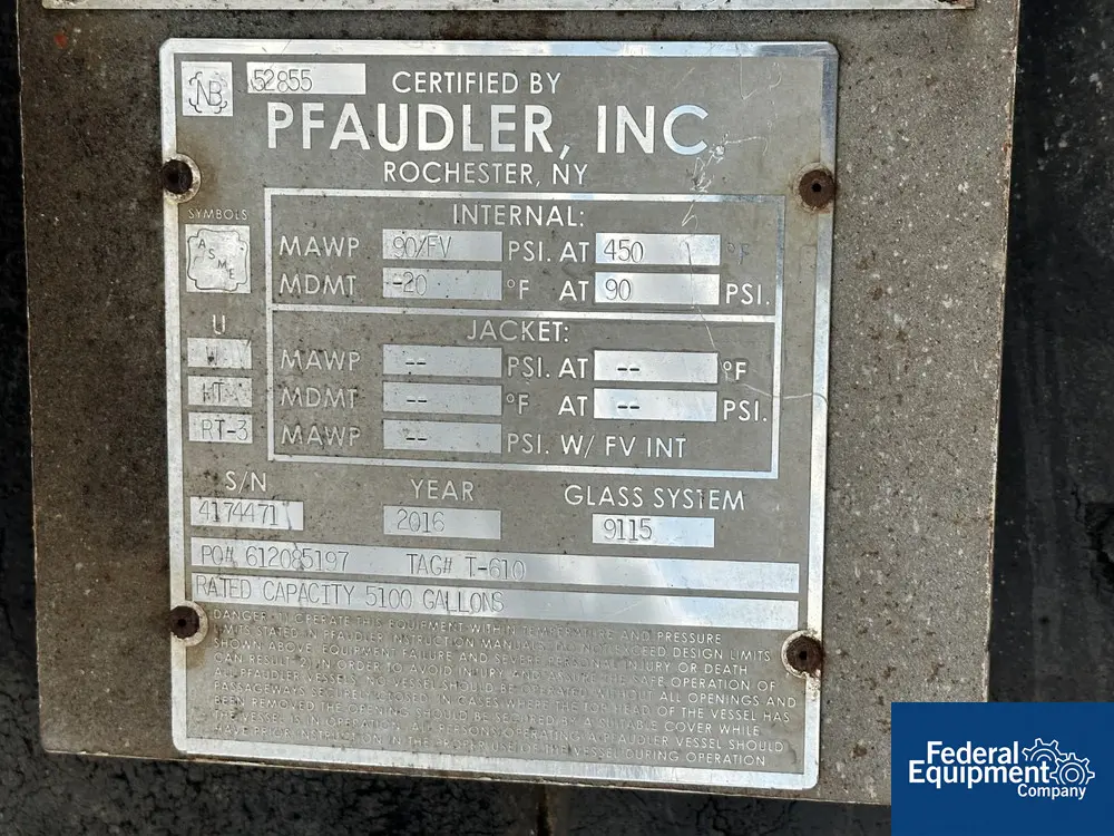 5,100 gallon Pfaudler #CV96-5100-90, Glass Lined Vertical Chemstore Receiver, 90 psi, 96" diameter x 143" - Image 3