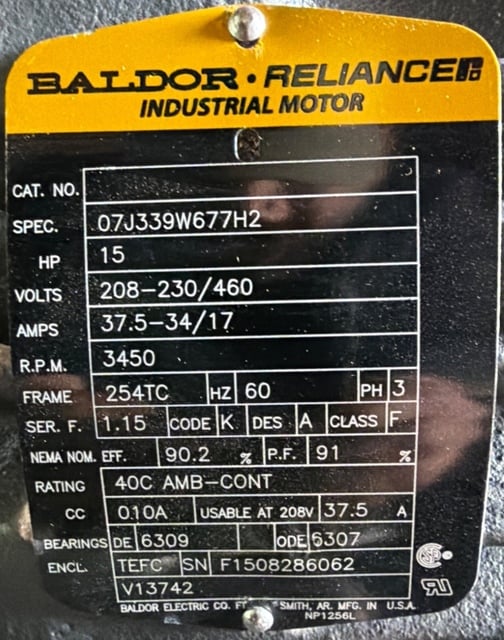 15 HP 3450 RPM Baldor, Frame 254TC, TEFC, Ball, 1.15 service factor, 230/460 Volts - Image 1