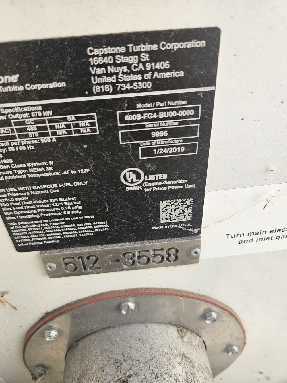 Capstone #C600, 57 KW Microturbine Generator, zero hour low pressure grid connect, New surplus - Image 2