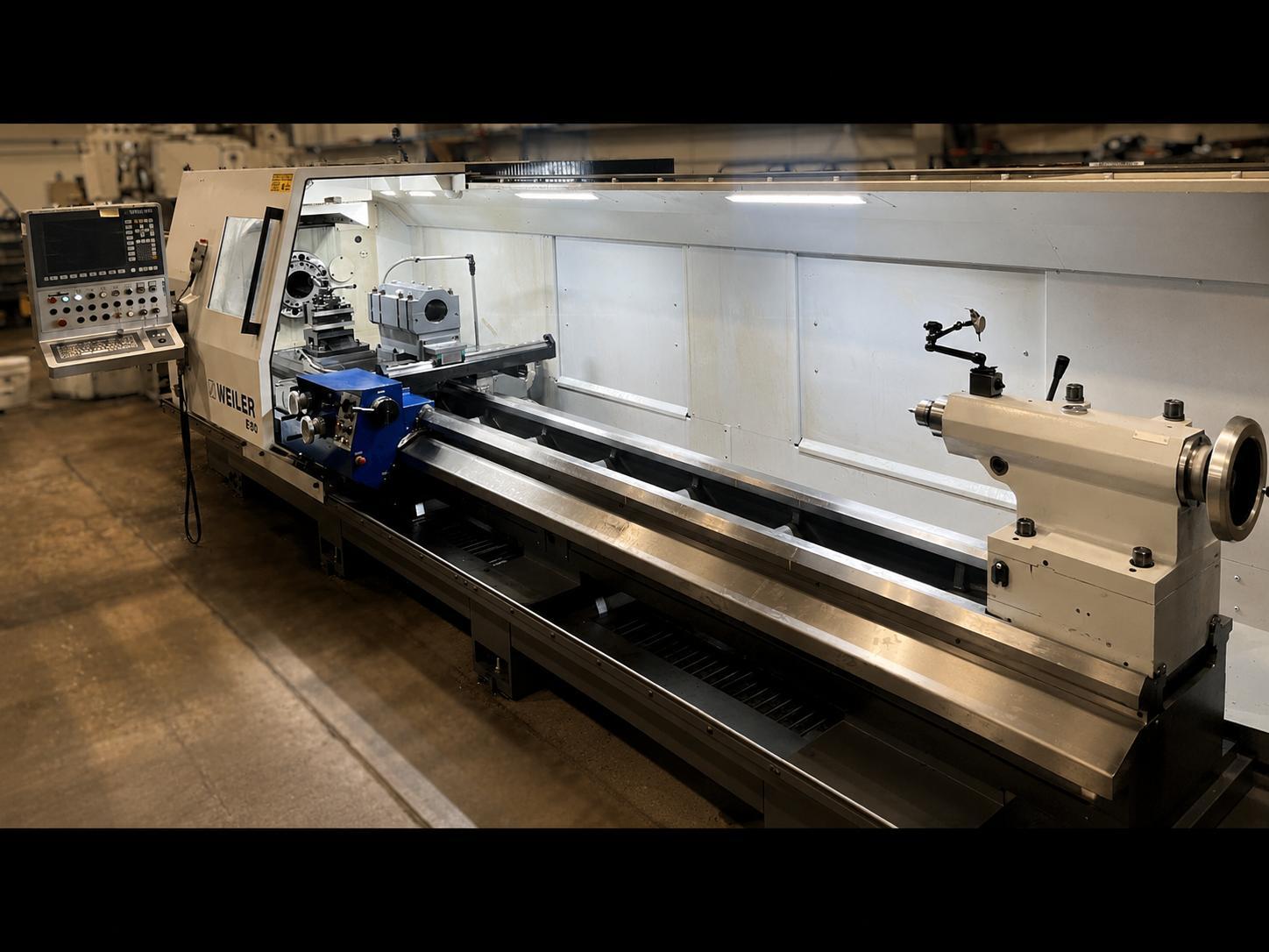 Weiler #E80X4500, flat bed CNC lathe, 34" swing, 20" SOCS, 31" chuck, 4-jaw, 6.5" bore, 177" centers, 48 HP - Image 1
