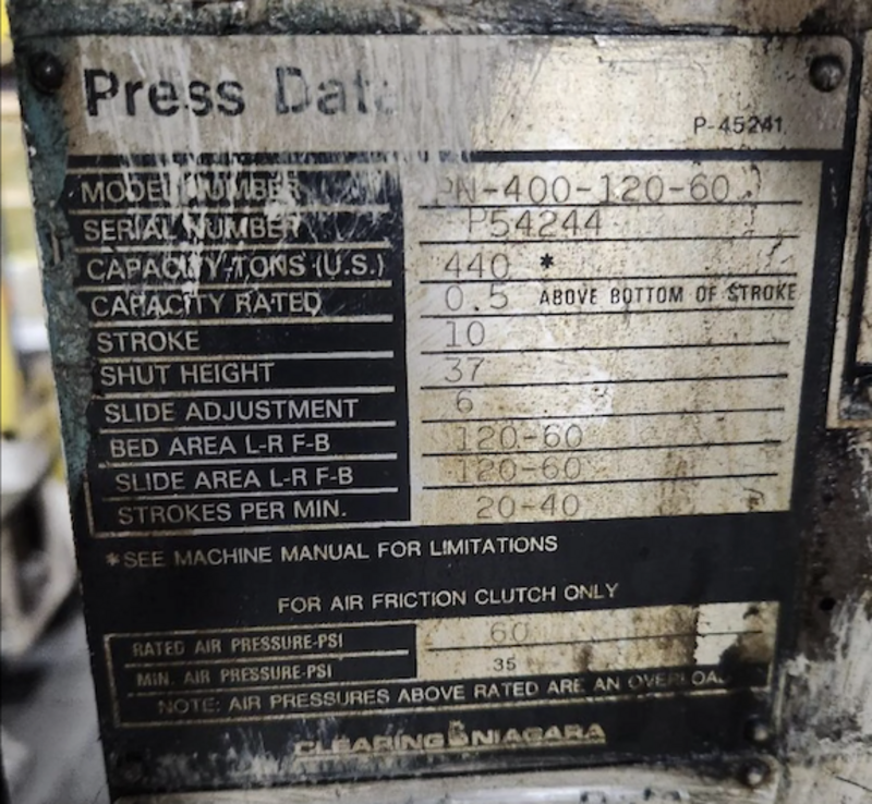 440 Ton, Clearing, Niagara #PN-400-120-60, Straight Side Double Crank Press, 120" RL, 10" stroke, 20-40 SPM - Image 6