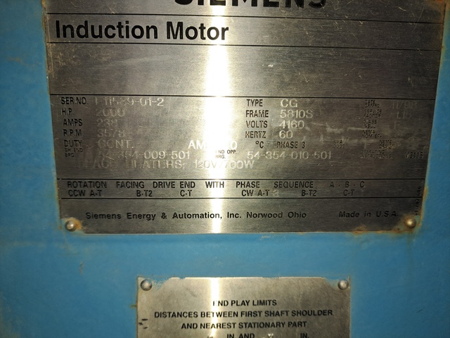 2000 HP 3578 RPM Siemens, Frame 5810SY, weather protected enclosure type 1 SB, 4160 V, 1.15 service factor - Image 6