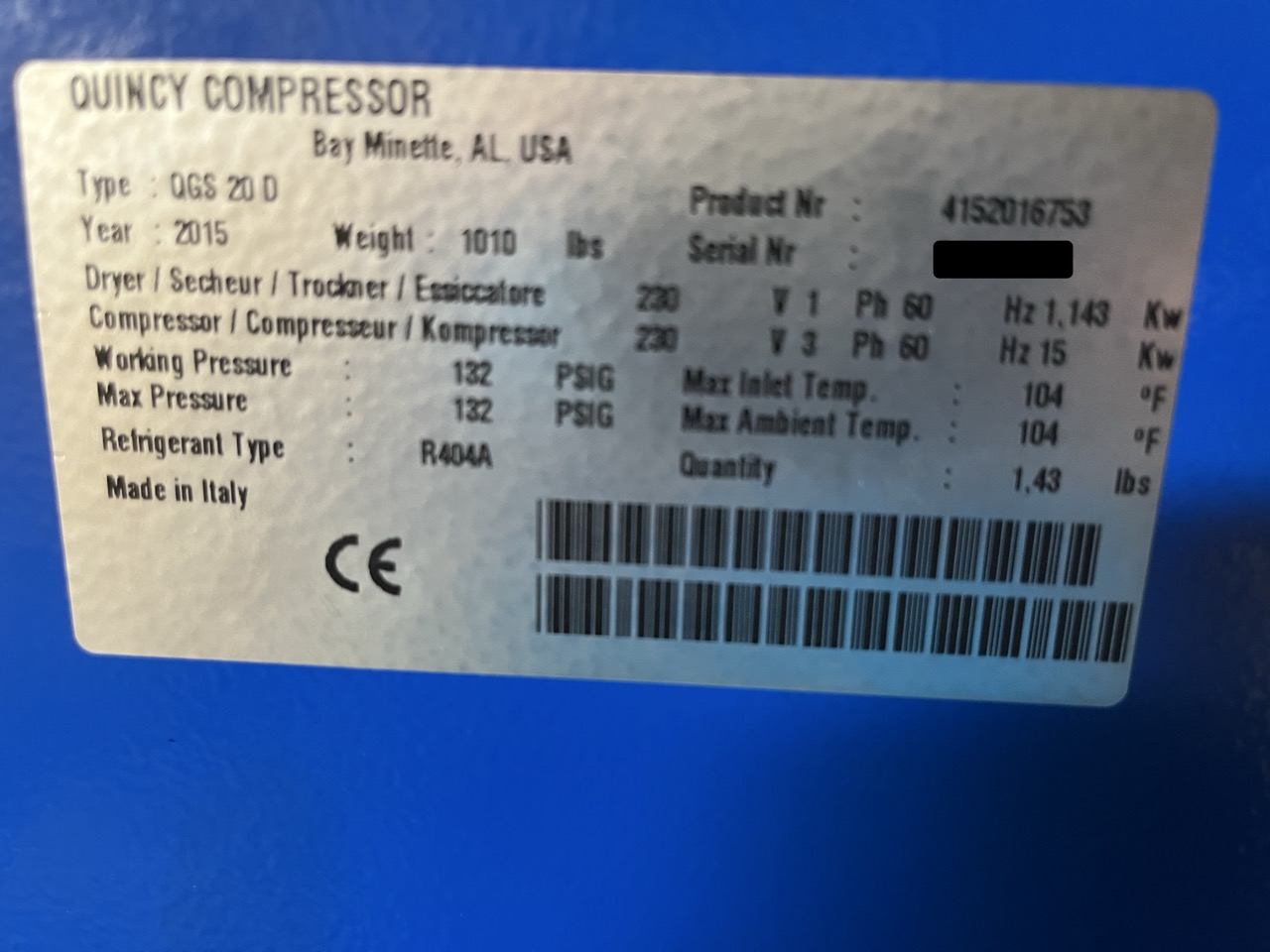125 Psi, 82 cfm, Quincy #QGS-20, Rotary Screw Air Compressor, 20 HP, 2200 hours, 2015 - Image 7