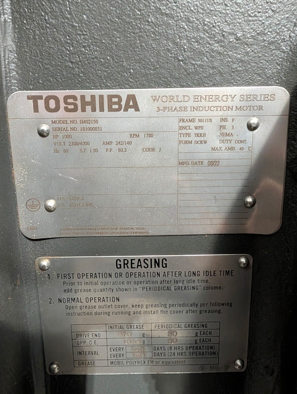 1000 HP 1800 RPM Toshiba, Frame 5011/12, weather protected enclosure type 2, Ball, 2300/4000 Volts, VFD duty - Image 1