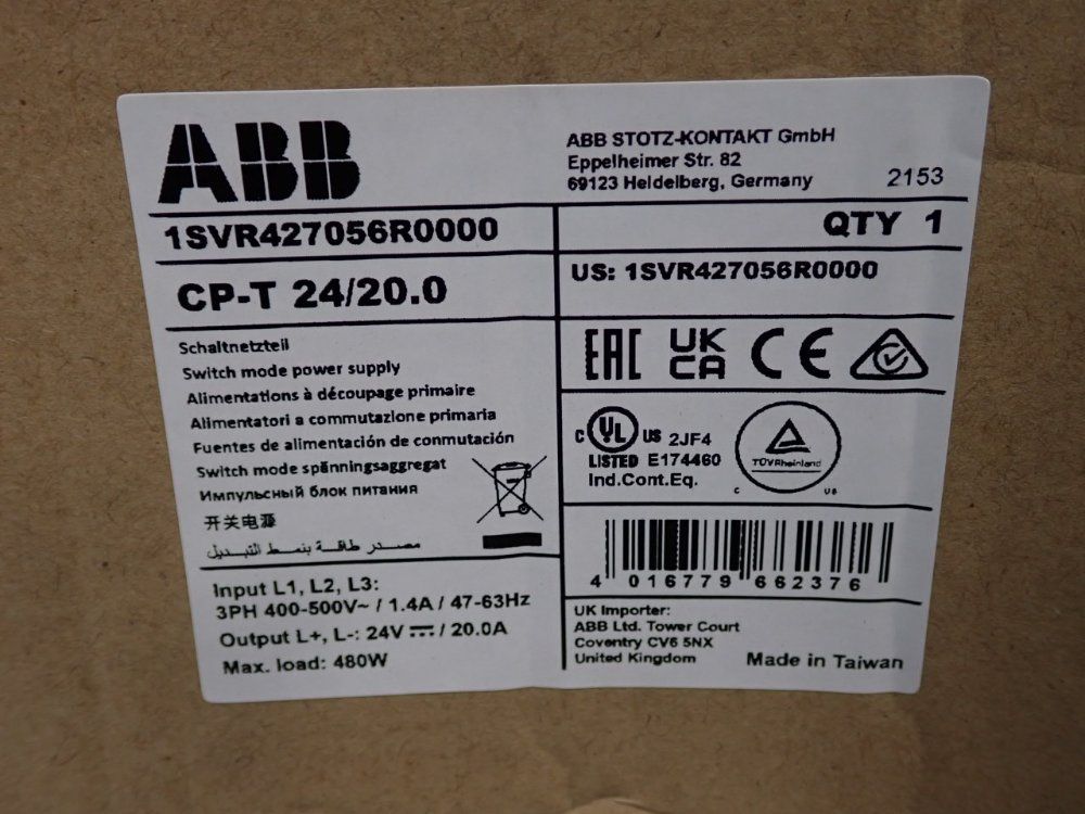 ABB, CP-T24/20.0, Switch Mode Power Supply, 11 Qty., 3 Phase, 480 Watts, 400-500 VAC Input, 24 VDC Output - Image 9