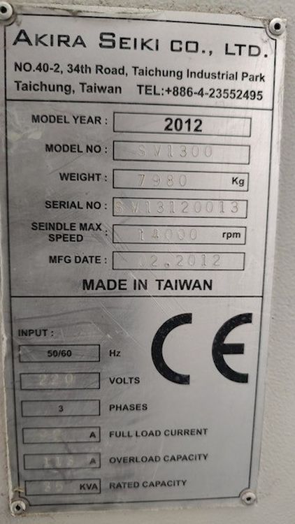 Akira-Seiki #SV1300, CNC vertical machining center, Mitsubishi Control, 50" X, 20" Y, 25" Z, 14000 RPM, 24 - Image 4