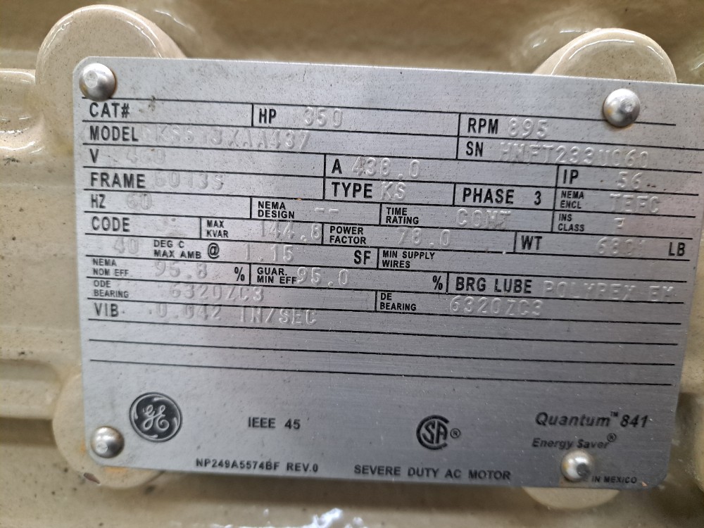 350/400 HP 895 RPM General Electric, Frame 5013S/5012S, TEFCBB, 1.15/1.0 service factor, 460 Volts, Unused - Image 2