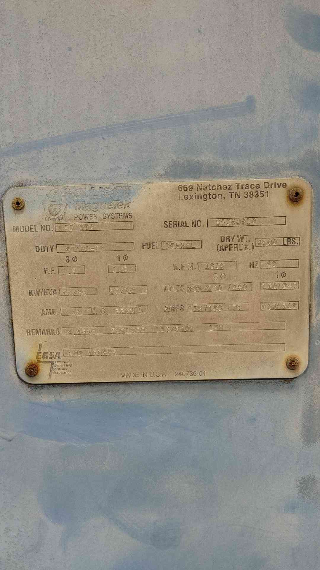 50 KW MagneTek #RD630, Diesel Generator, 1 & 3PH, 903 Hrs - Image 2