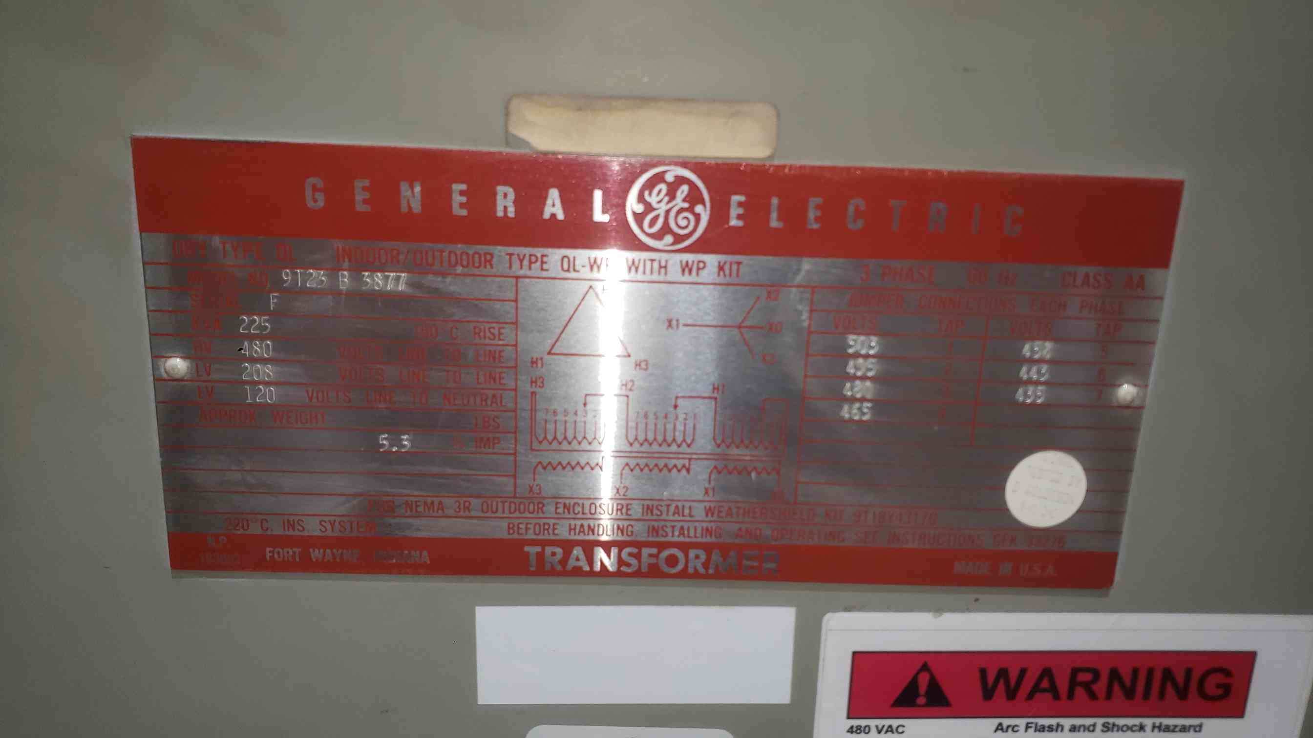 225 KVA, 480 Primary, 208/120 Secondary General Electric #9T23-B-3877, Indoor/Outdoor Transformer - Image 2