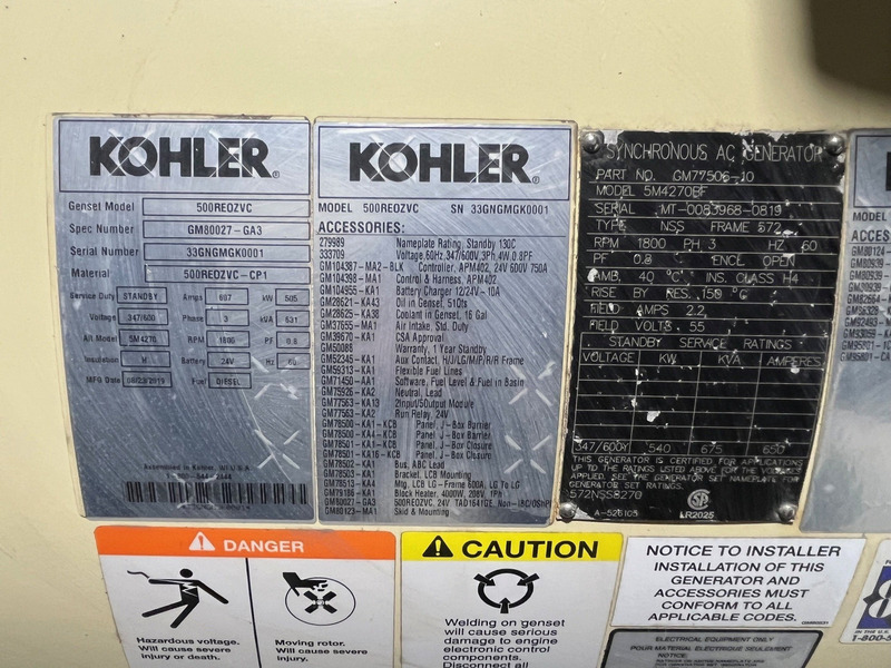 500 KW Kohler #500REOZVC, Diesel Generator Set, 810 HP Volvo Penta engine, 1800 RPM, 347/600 Volts, 3PH, 2019 - Image 2