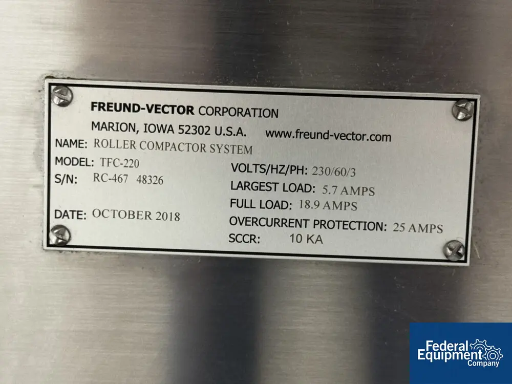 Freund-Vector #TFC-220, Pilot Scale Roll Compactor/Granulator, Stainless Steel, 20kg/hr, 7.9" diameter x - Image 2