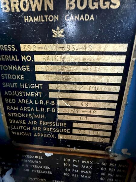 400 Ton, Brown & Boggs #SS2-400-96-48, Straight Side Double Crank Mechanical Press, 96" x 48" bed & ram, 10" - Image 4