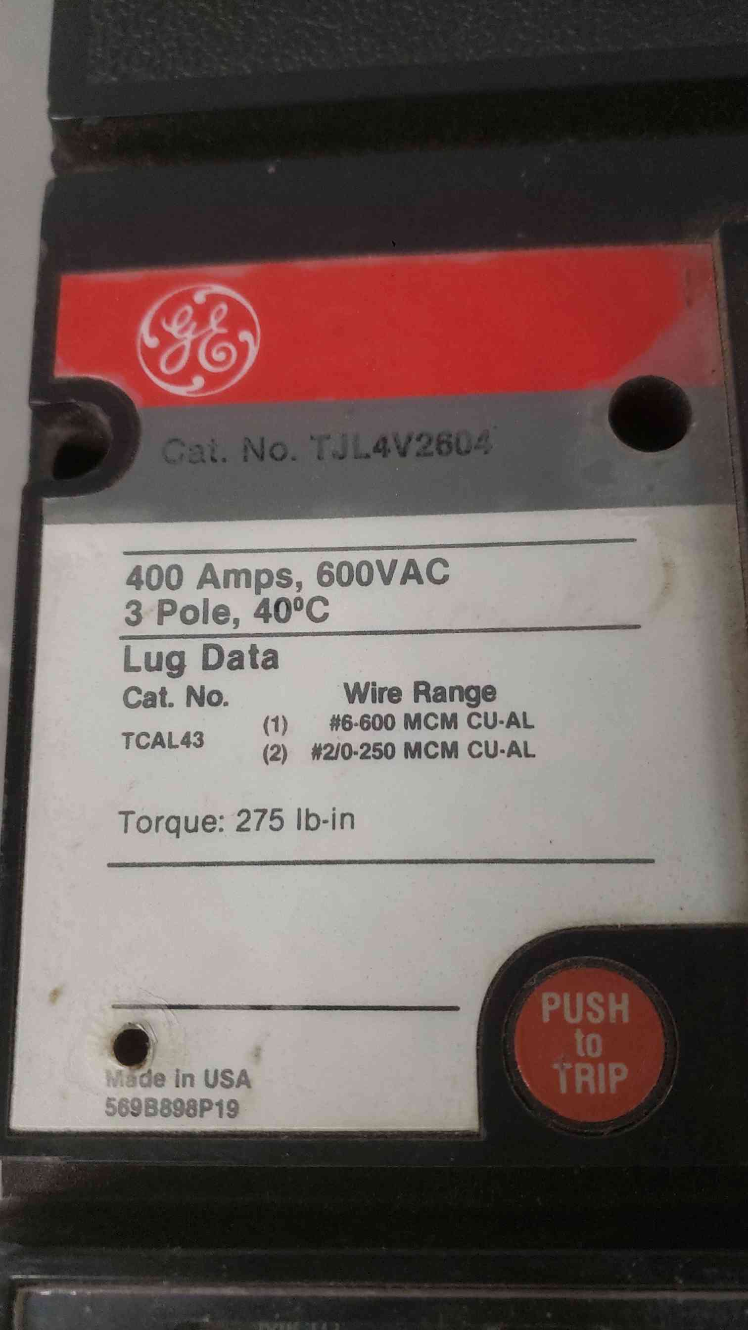 400 Amp, General Electric TJL4V2604, Circuit Breaker, 600 VAC, 3P, High IC - Image 8