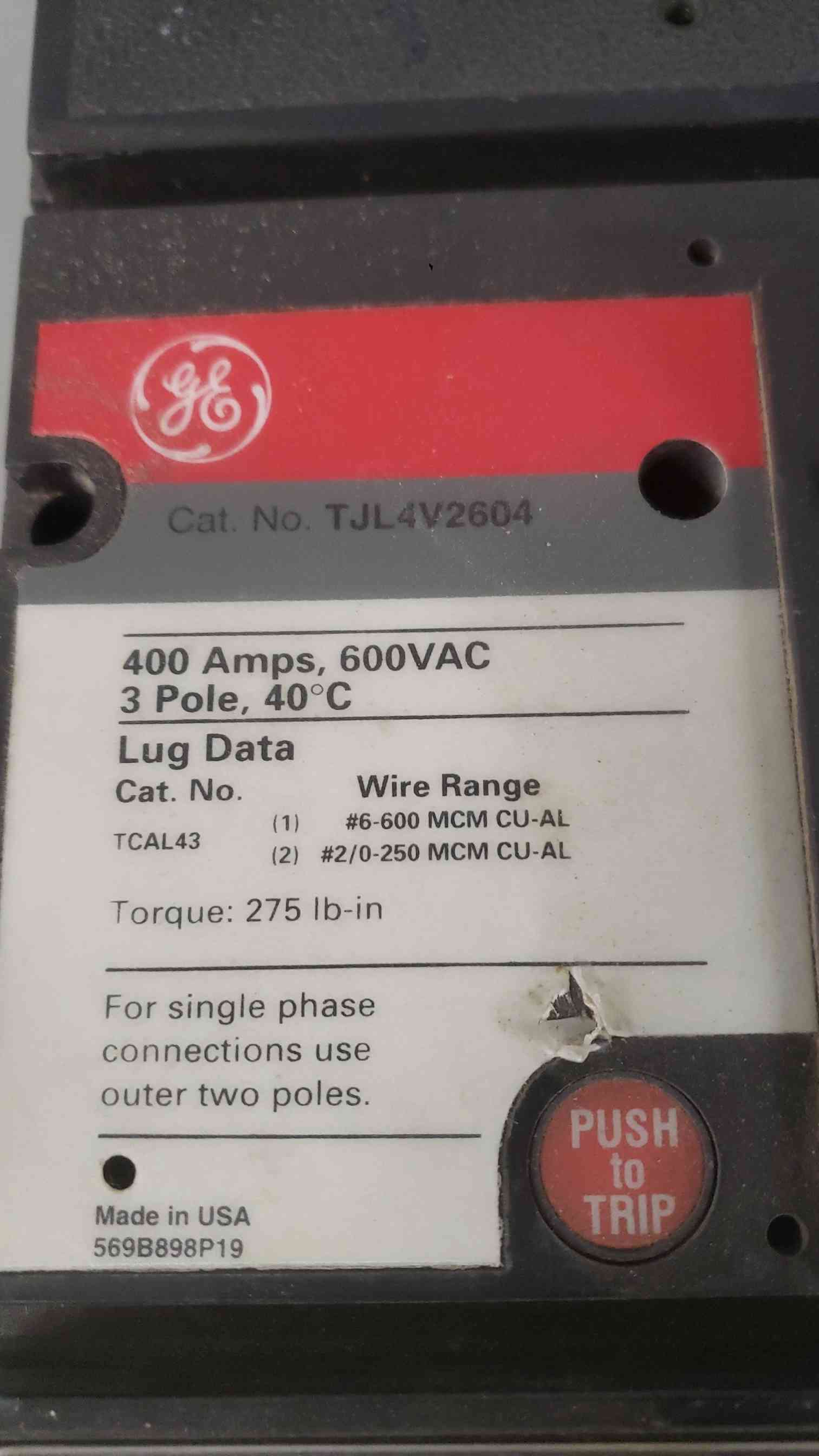 400 Amp, General Electric TJL4V2604, Circuit Breaker, 600 VAC, 3P, High IC - Image 10