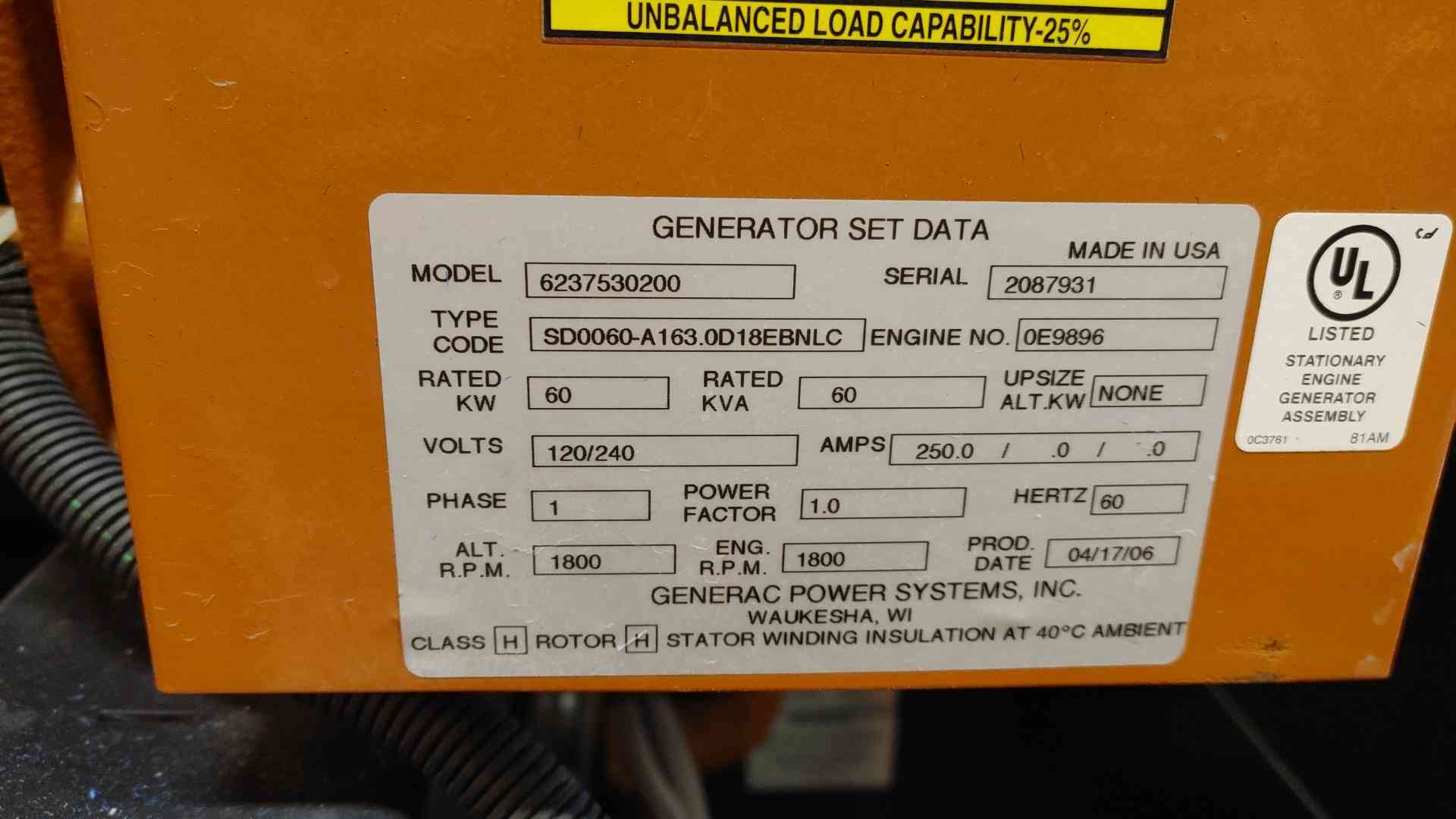 60 KW Generac #6237530200, Generator, John Deere Diesel #9E9896, 1Ph, 1649 Hrs, 2006 - Image 9