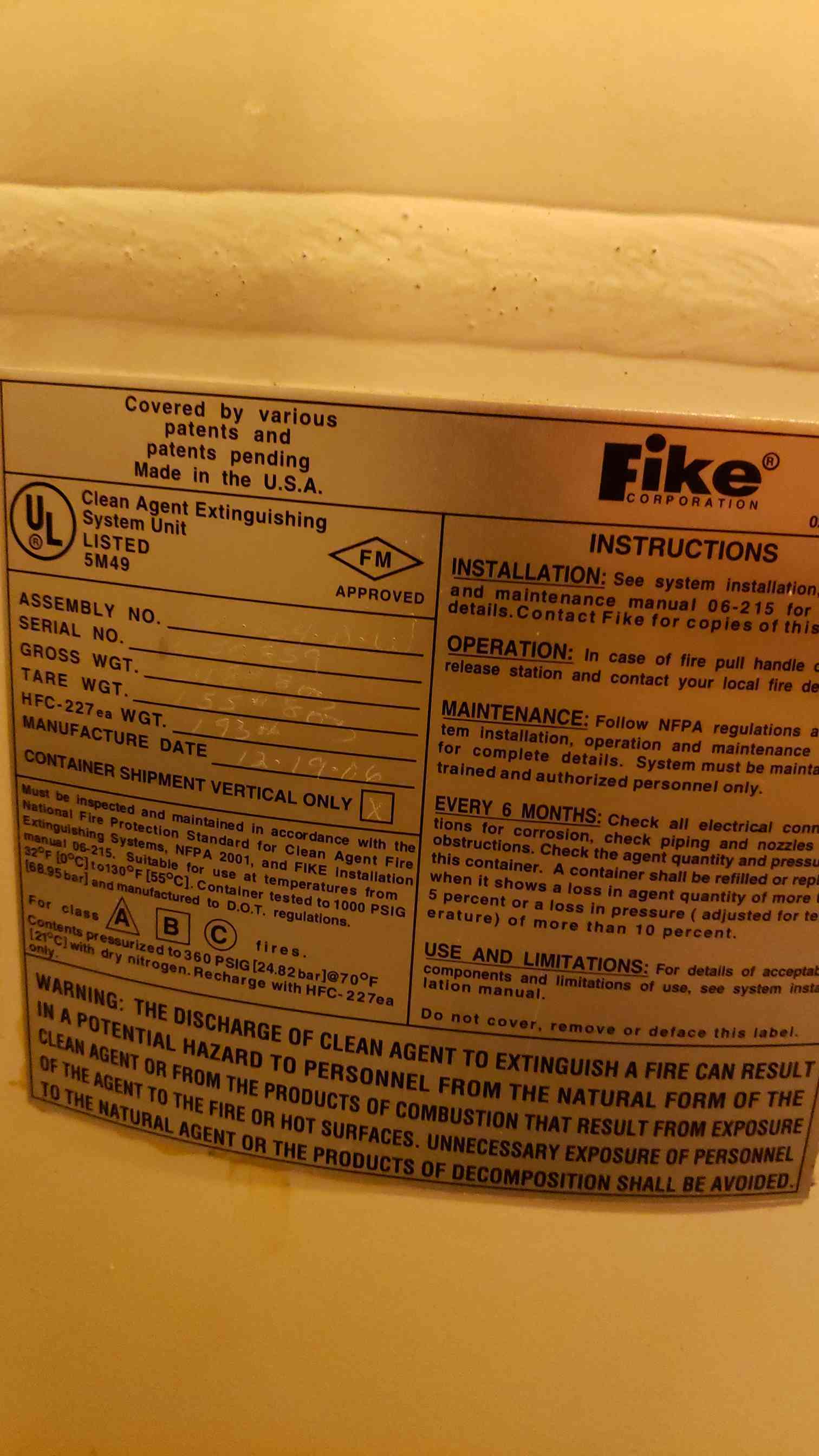 193 lbs. Fike #HFC-227, Fire Suppression Tank, FM-200 agent (2 available) - Image 2