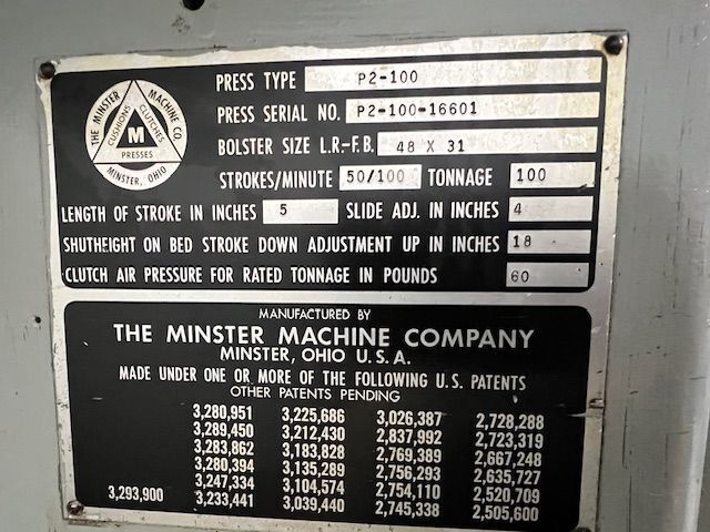 100 Ton, Minster #P2-100-48-31 Piece-Maker, straight side double crank, 5" stroke, 18" Shut Height, 4" adj. - Image 10