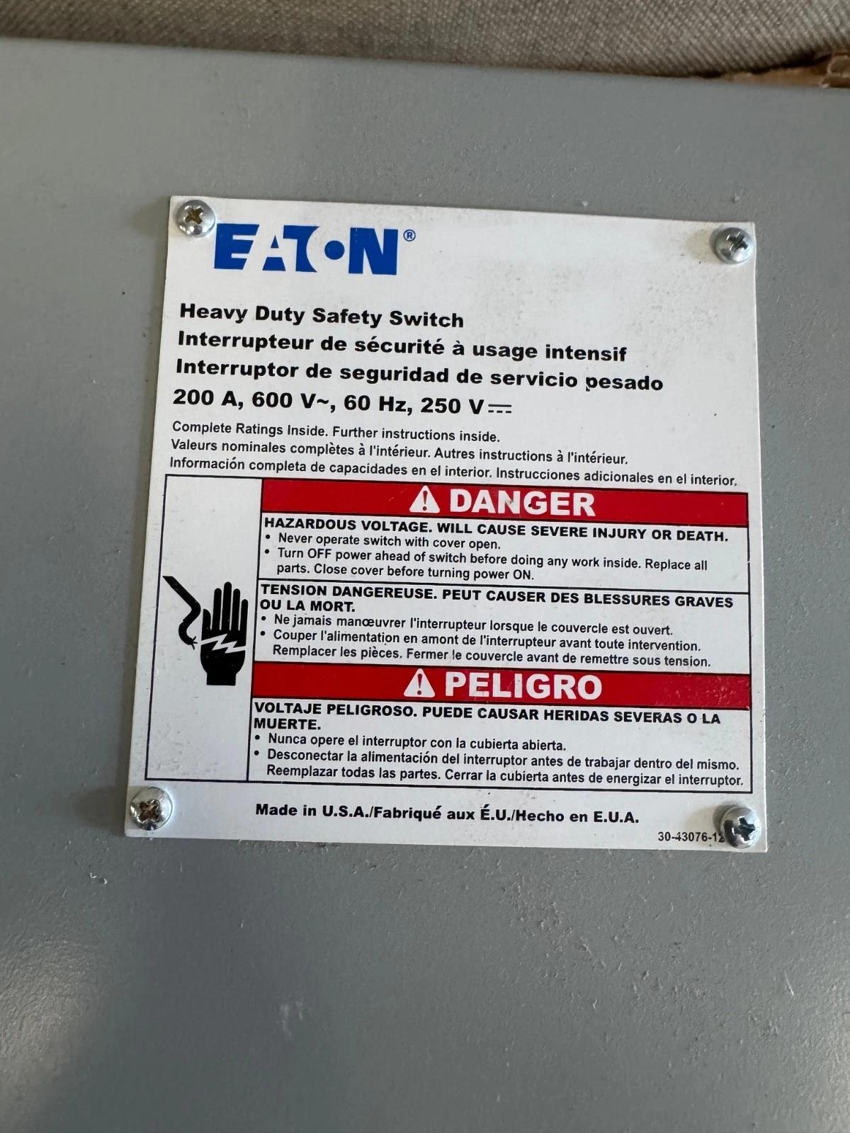 Eaton #DEM364FDJA-00VT, Heavy-Duty Safety Switch, 3P, 200 amp, 600 Volt, 60 Hz - Image 5