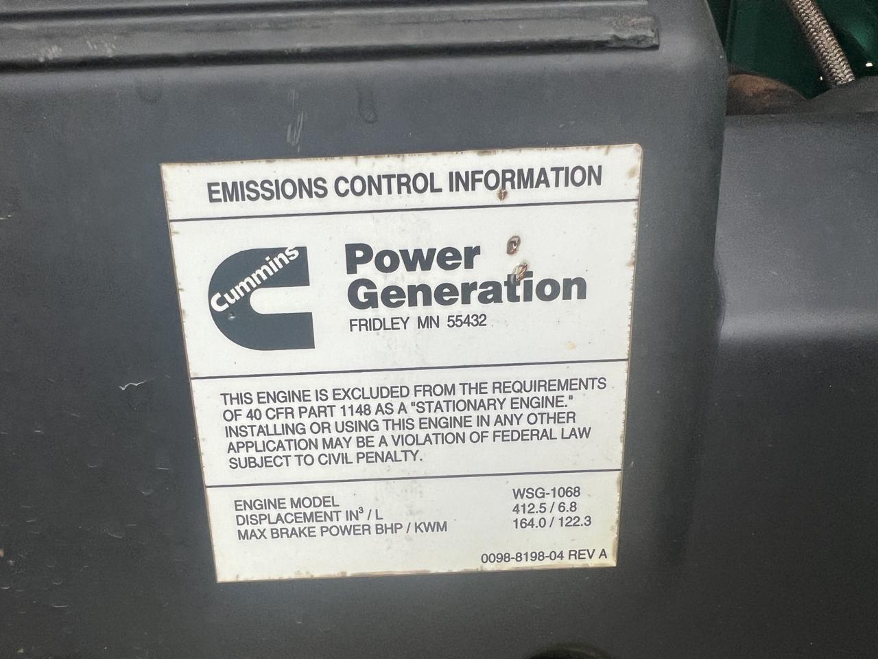 100 KW Cummins/Onan #GGHH-5655462, Natural Gas or Propane Generator, 6.8 Liter Ford engine, 1800 RPM, 120/240 - Image 10