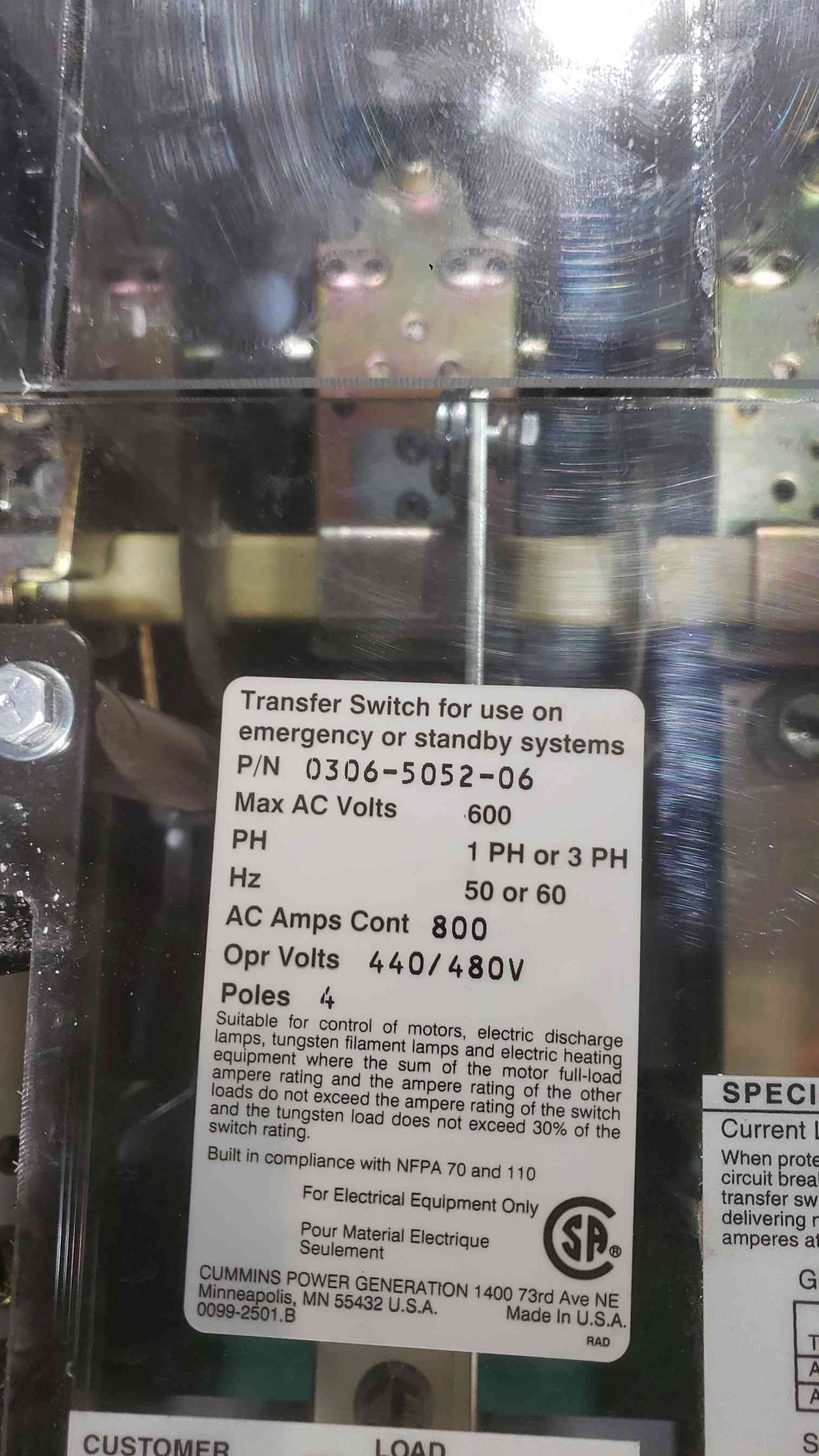 800 Amp. Cummins OTPCD-5935243, automatic transfer switch, 480 Volts, 3R weather protected enclosure - Image 7