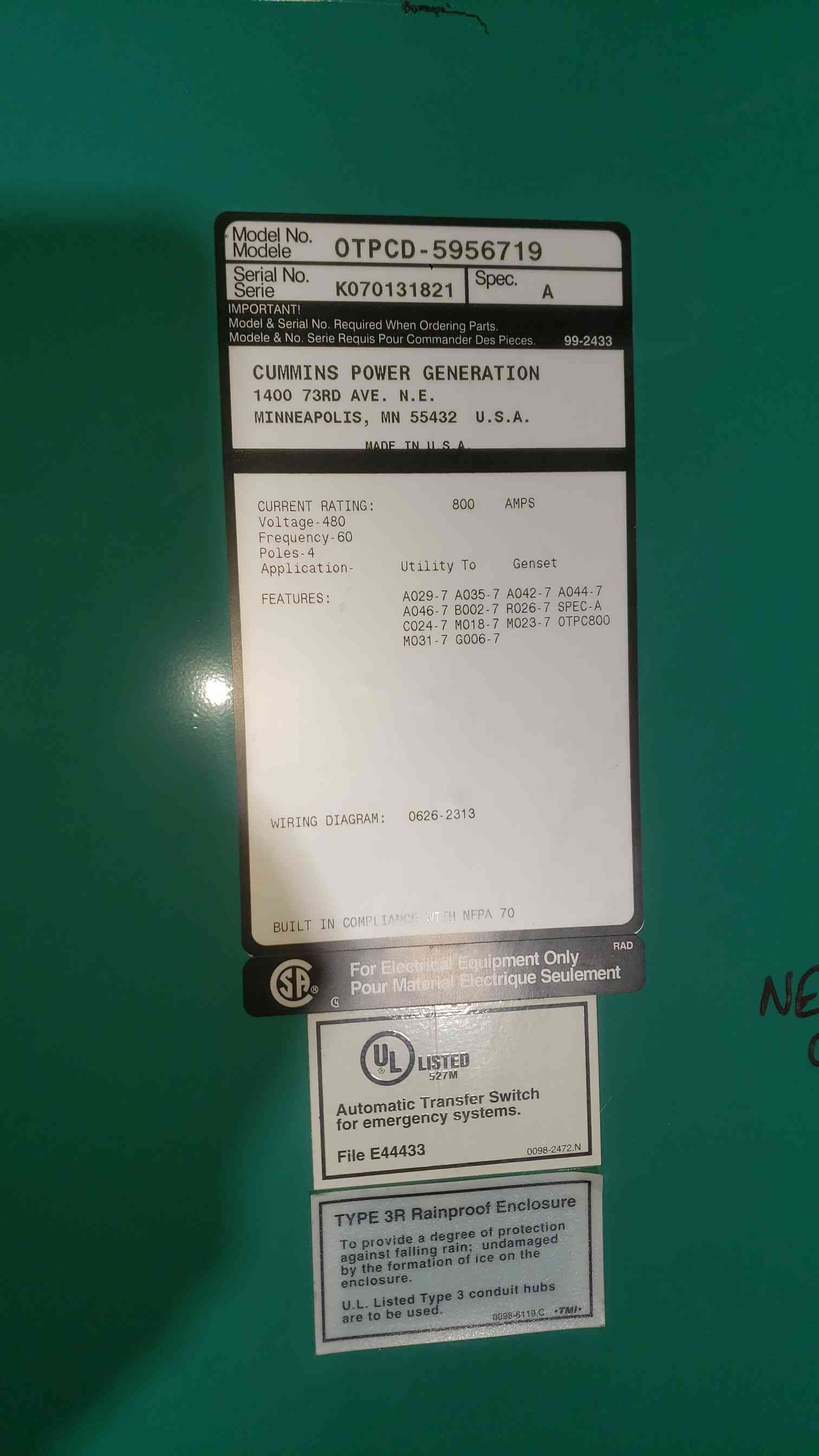 800 Amp. Cummins OTPCD-5956719, automatic transfer switch, 480 Volts, 3R weather protected enclosure - Image 4