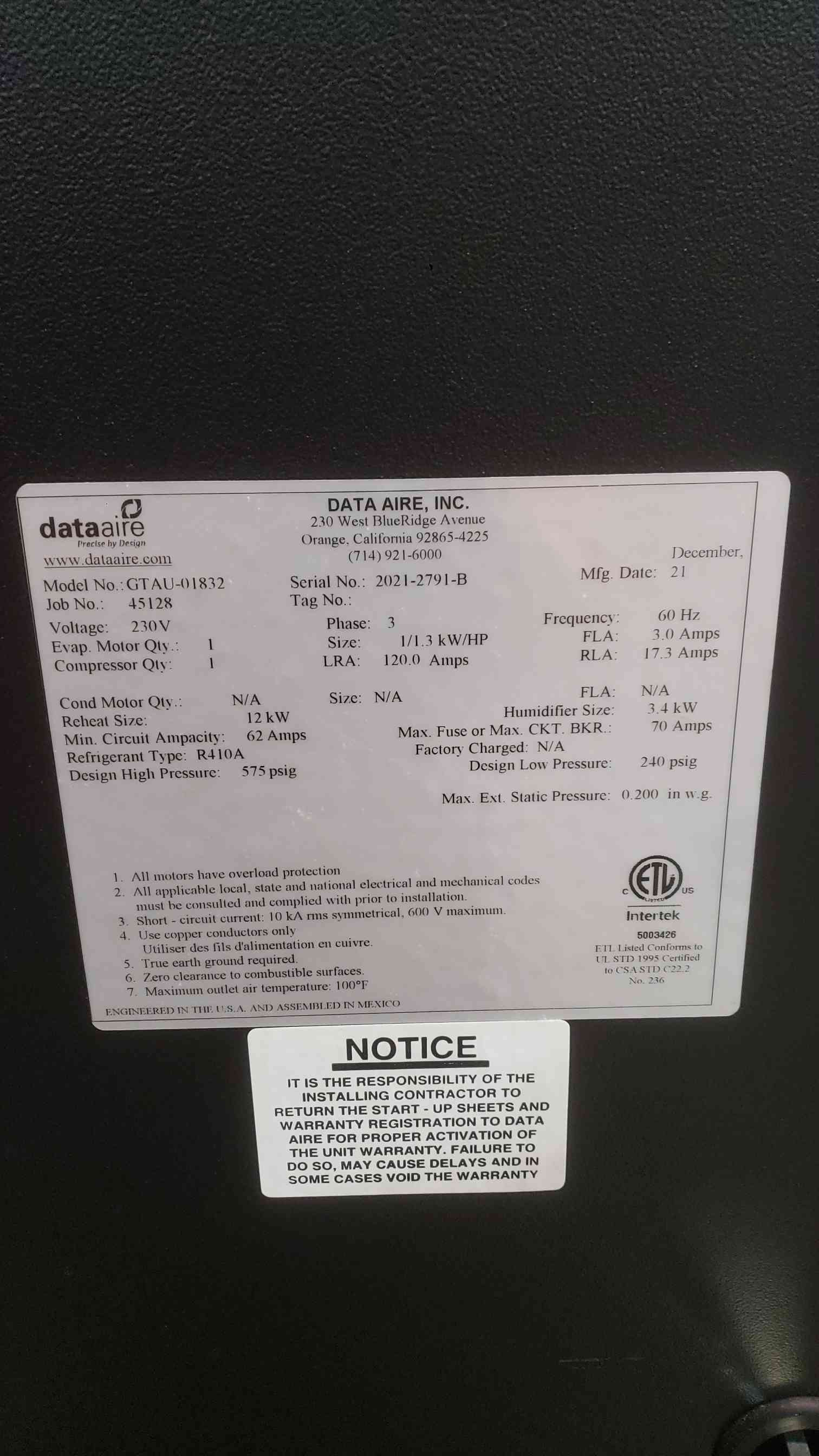 1 Ton, Data Aire #GTAU-01832, Crac Unit, Air Cooled, 230 Volts, 3PH, 2021 - Image 4