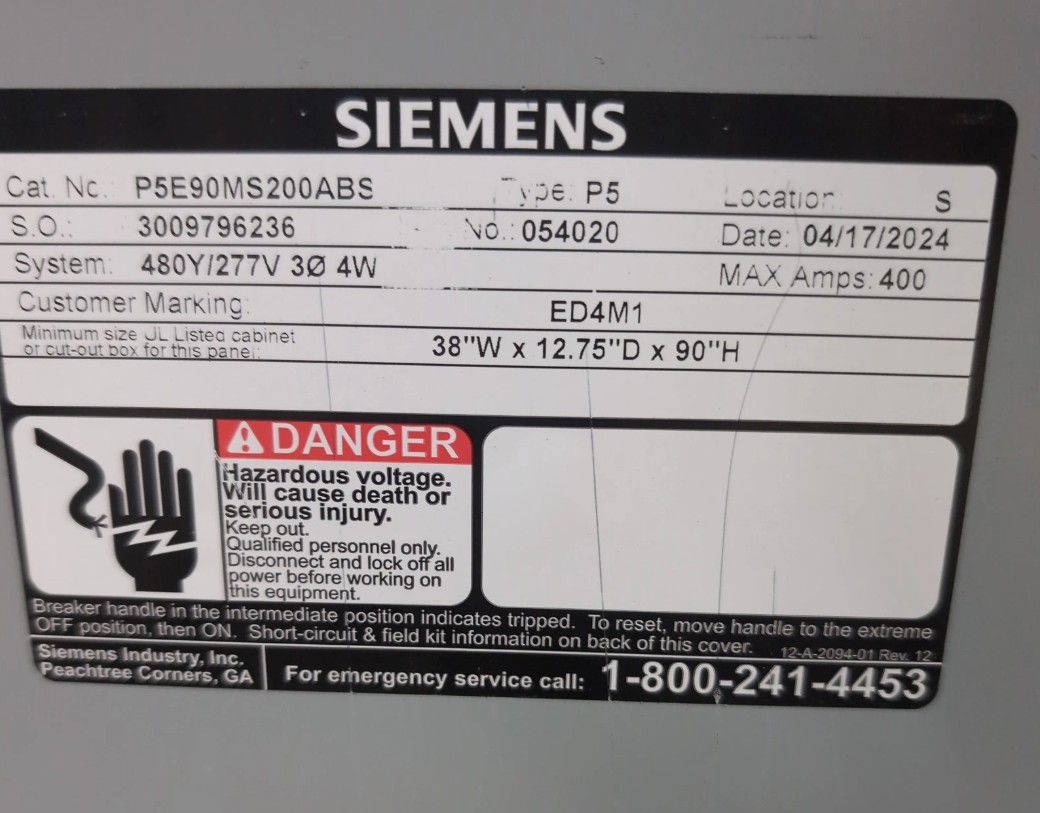 400 Amp. Siemens, P5E90MS200ABS, MLO Panelboard, indoor, 4-wire, 480/277 Volt, 3PH - Image 2