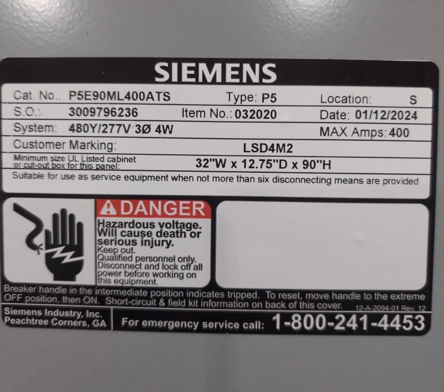 400 Amp. Siemens, P5E90ML400ATS, MLO Panelboard, 4-wire, 480/277 Volt, 3PH, 2024 - Image 2