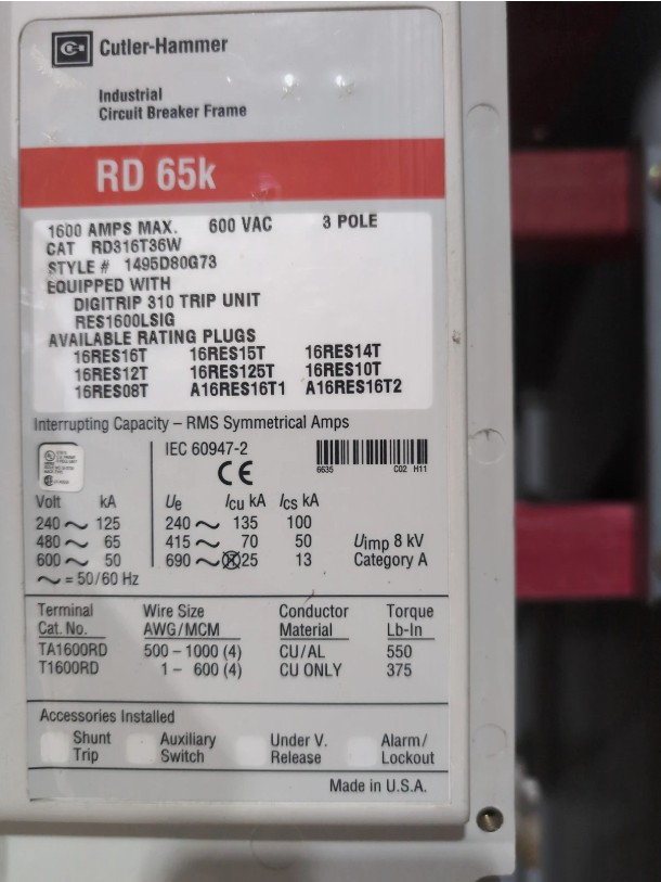 1600 Amps, Eaton, PRLC Low-Voltage Switchboard Lineup, (2) vertical sections, LSIG-protected main circuit - Image 6