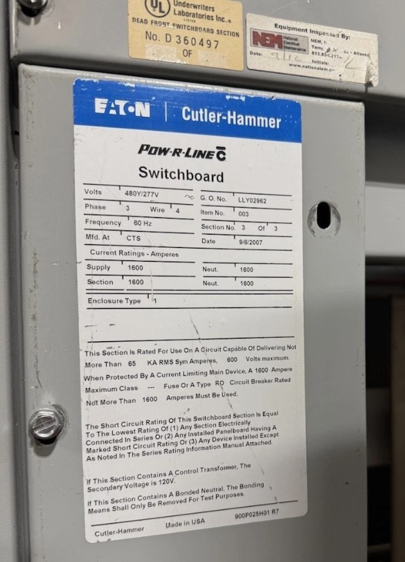 1600 Amps, Eaton, PRLC Low-Voltage Switchboard Lineup, (2) vertical sections, LSIG-protected main circuit - Image 9