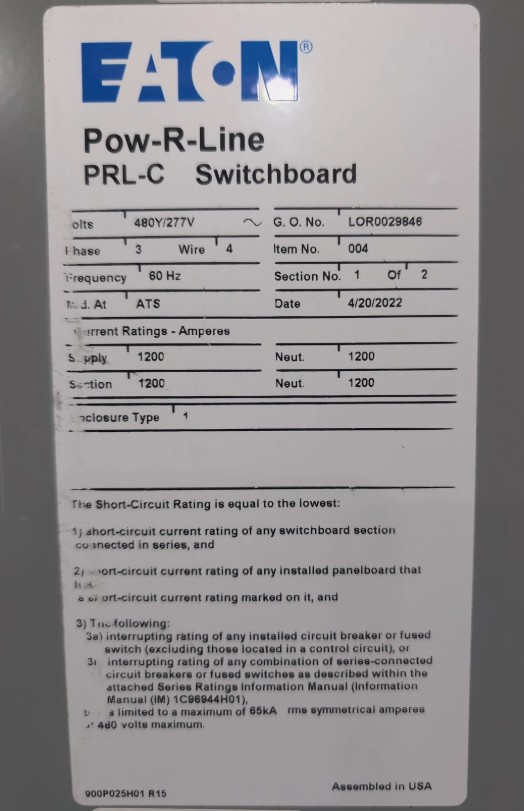 1200 Amps, Eaton, Pow-R-Line Low-Voltage Switchboard 2-Section Lineup, 4-wire, indoor, 480/277 Volt, 3PH - Image 3