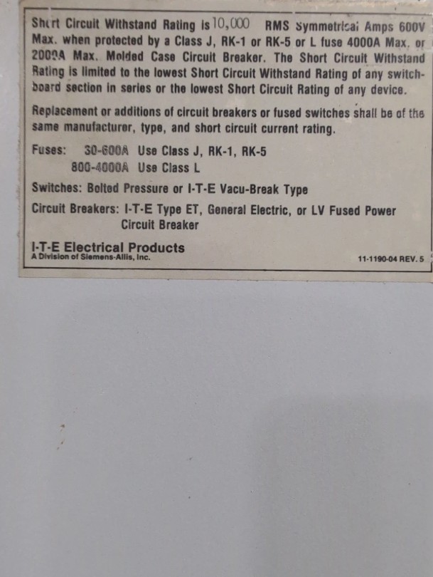 2000 Amps, ITE/Siemens, FC-I Low-Voltage Switchboard, MLO, 4-wire, 240/120 Volt, 3PH - Image 3
