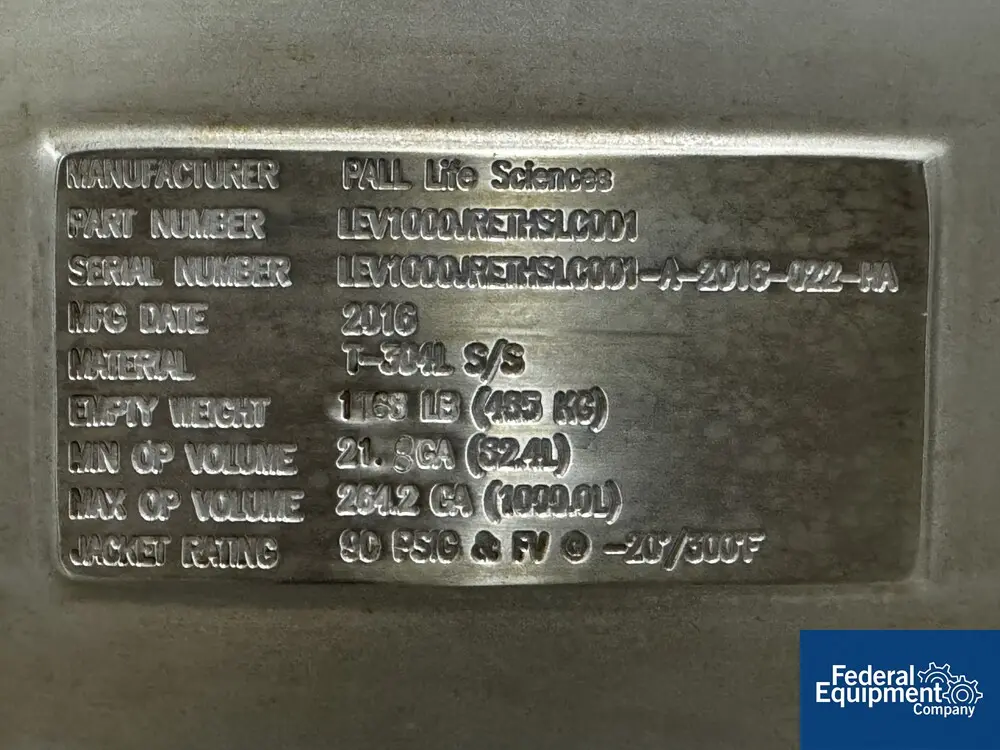 264 gallon Pall #LEV1000JRETHSLC001, Mixer, 1,000 Liter, 2016 - Image 3