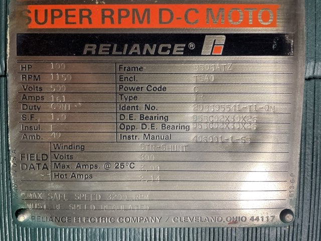 100 HP 1200 RPM Reliance, Frame B506ATZ, TEAOBB, 500 VA, 300 VF - Image 2