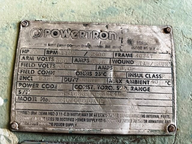 60 HP 1200 RPM Powertron, Frame 407AT, DPFVBB, 500 VA, 300 VF - Image 3